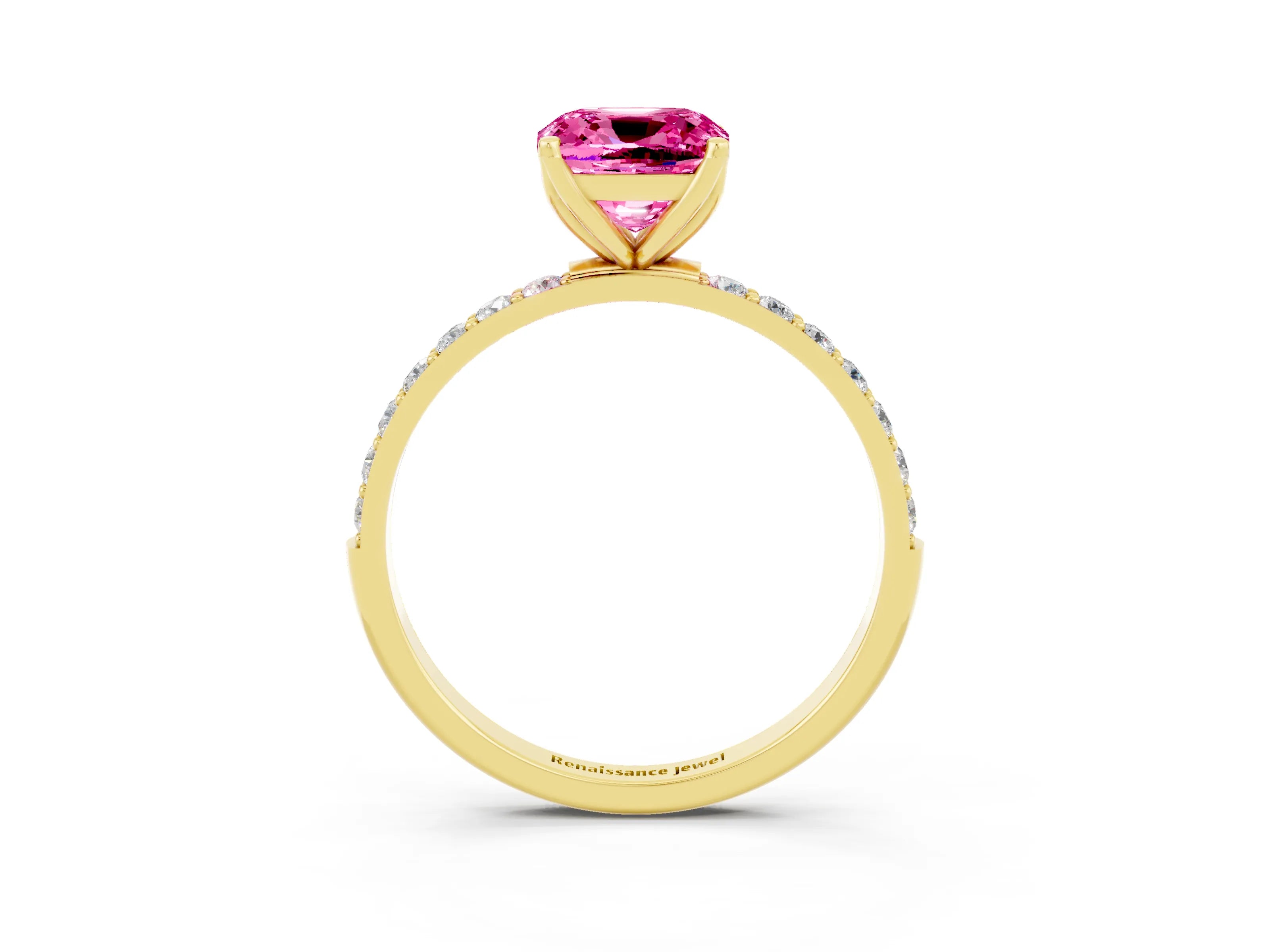 Yellow gold Cushion Cut Pink Sapphire Solitaire Engagement Ring with Pavé Band and Prong Setting_3