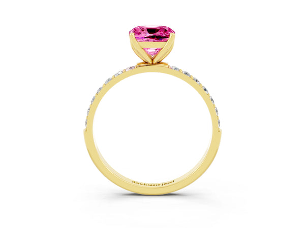 Yellow gold Cushion Cut Pink Sapphire Solitaire Engagement Ring with Round  Pavé Band and Prong Setting