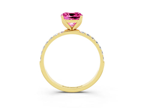 Yellow gold Cushion Cut Pink Sapphire Solitaire Engagement Ring with Pavé Band and Prong Setting_3