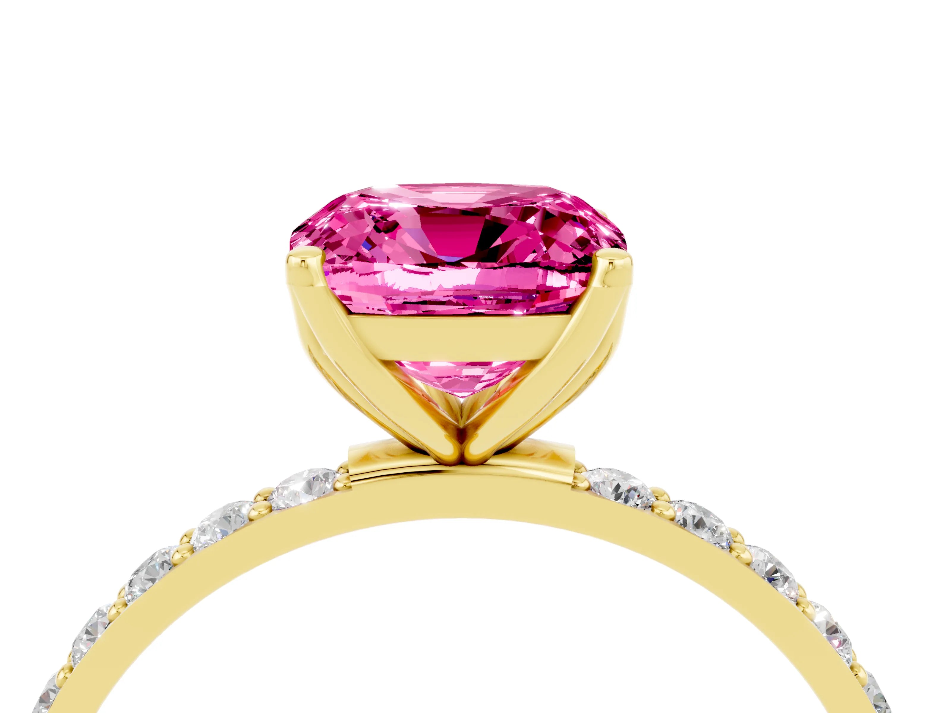 Yellow gold Cushion Cut Pink Sapphire Solitaire Engagement Ring with Pavé Band and Prong Setting_4