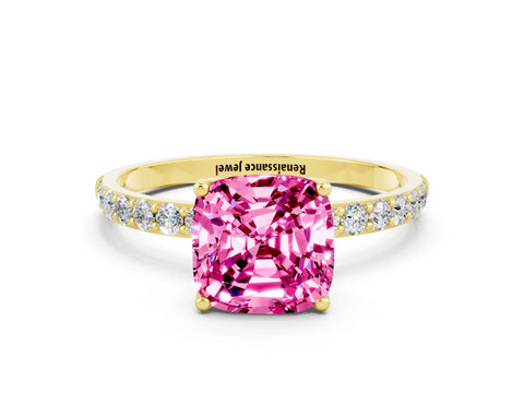 Yellow gold Cushion Cut Pink Sapphire Solitaire Engagement Ring with Pavé Band and Prong Setting