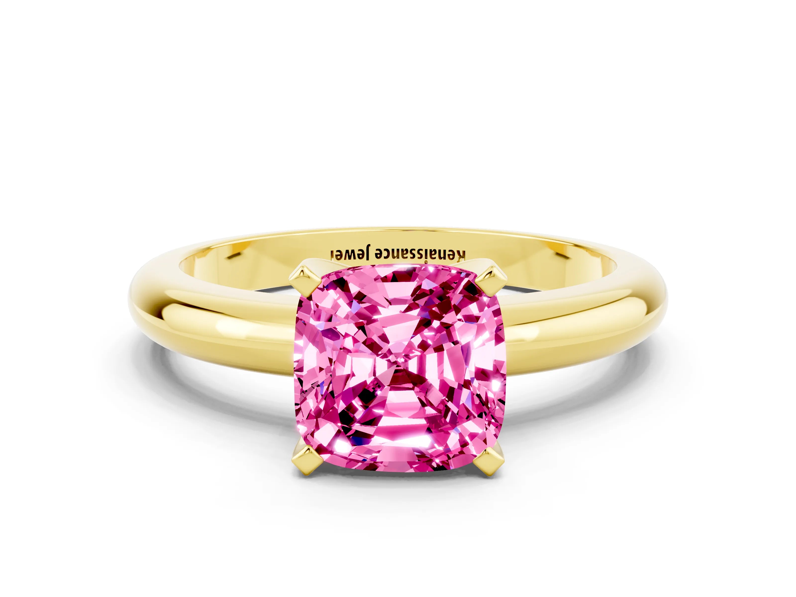 Yellow gold Cushion Cut Pink Sapphire Solitaire Engagement Ring with Round Band and Four-Prong Setting_24