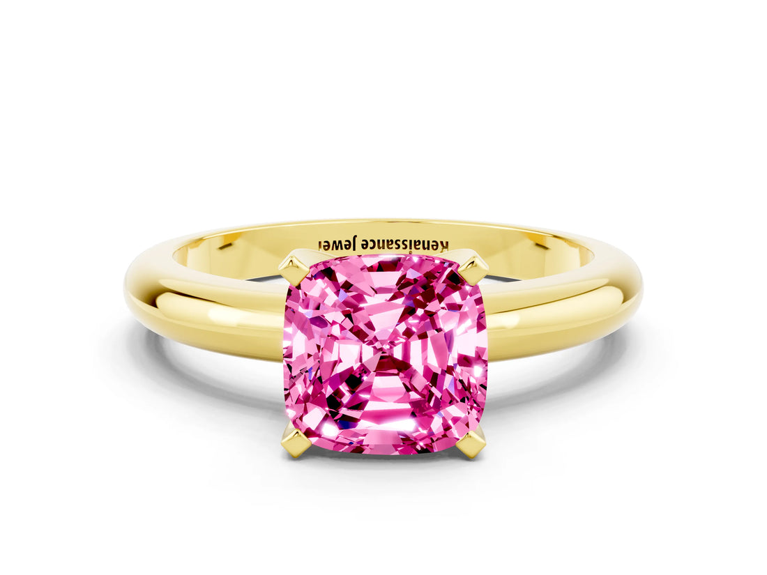 Yellow gold Cushion Cut Pink Sapphire Solitaire Engagement Ring with Round Band and Four-Prong Setting_24