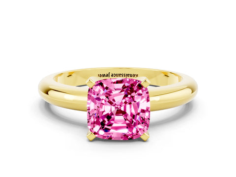 Yellow gold Cushion Cut Pink Sapphire Solitaire Engagement Ring with Round Band and Four-Prong Setting_24