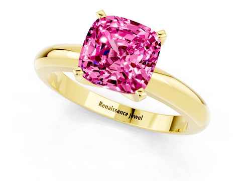 Yellow gold Cushion Cut Pink Sapphire Solitaire Engagement Ring with Round Band and Four-Prong Setting_25