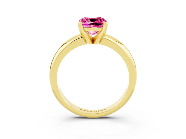 Yellow gold Cushion Cut Pink Sapphire Solitaire Engagement Ring with Round Band and Four-Prong Setting