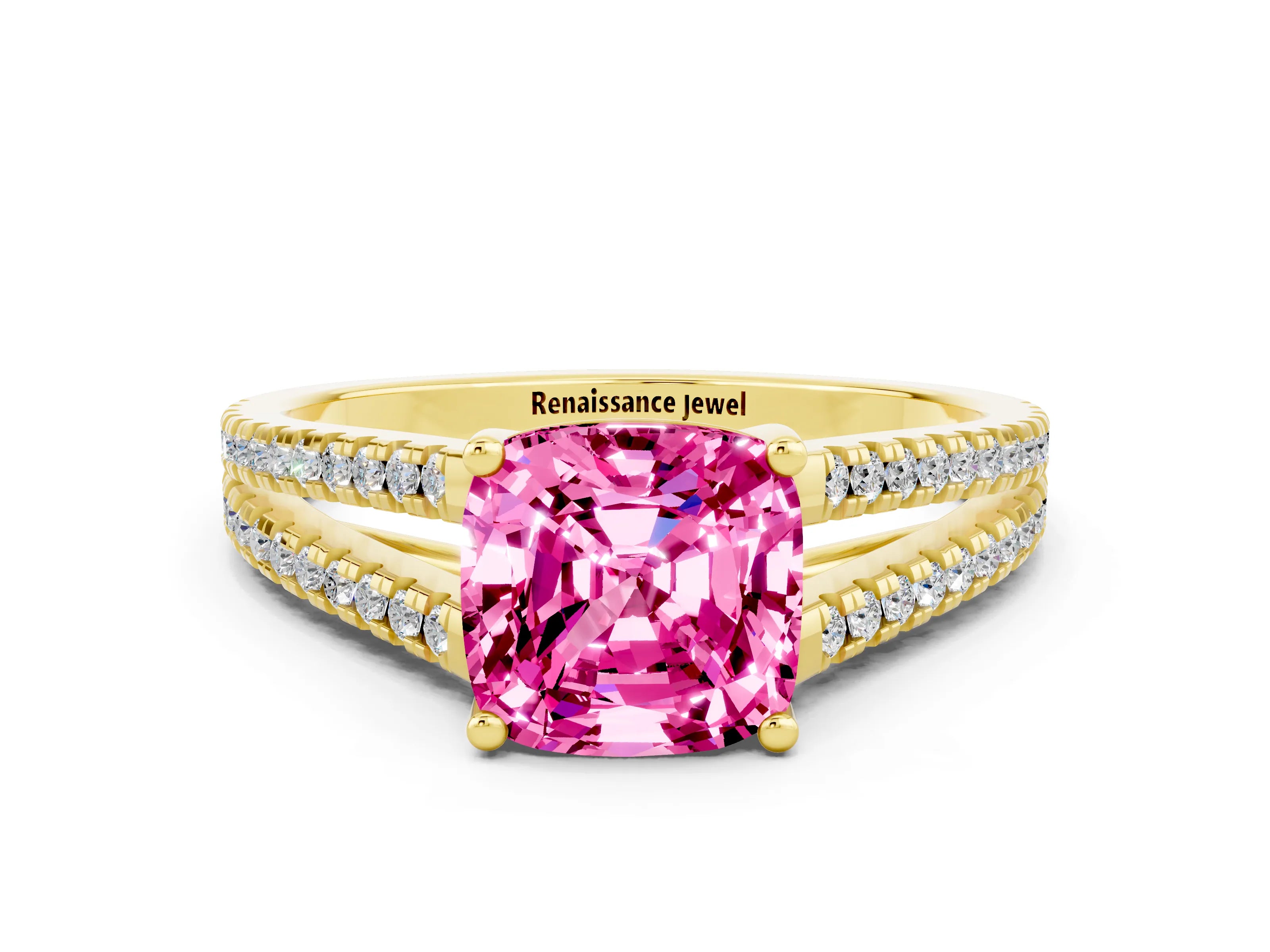 Yellow gold Cushion Cut Pink Sapphire Solitaire Engagement Ring with Split Shank Pavé Band_12