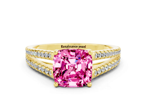 Yellow gold Cushion Cut Pink Sapphire Solitaire Engagement Ring with Split Shank Pavé Band_12