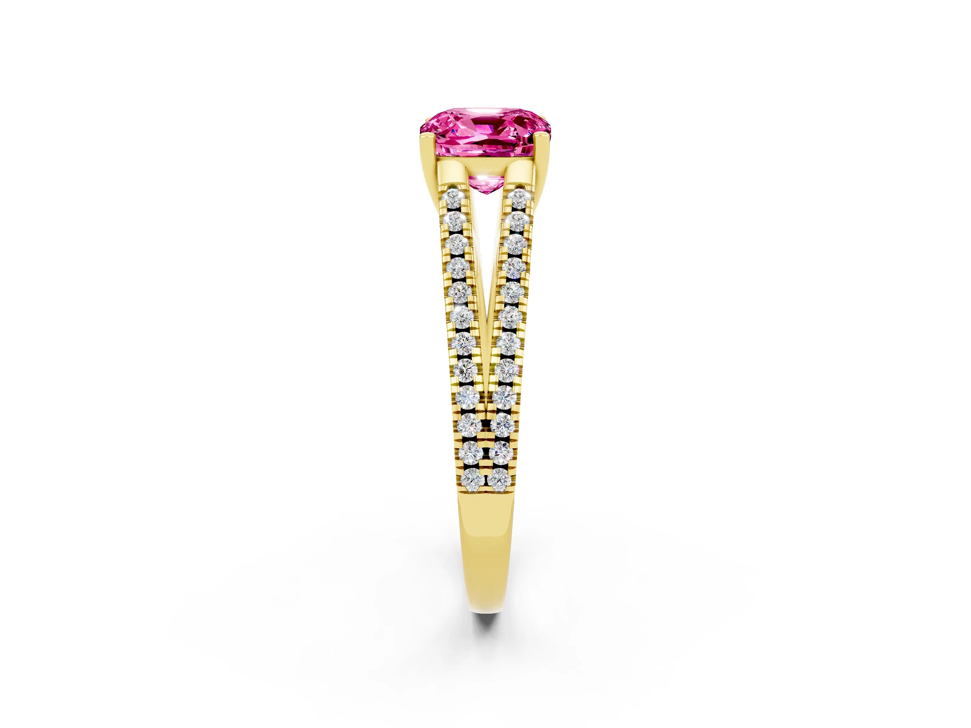 Yellow gold Cushion Cut Pink Sapphire Solitaire Engagement Ring with Split Shank Pavé Band_14