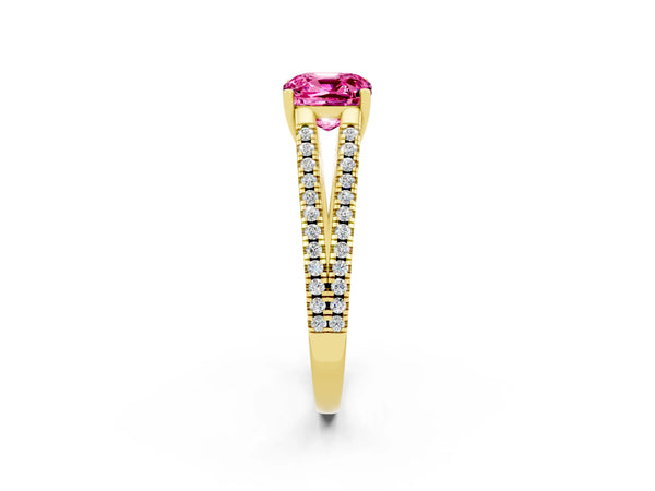 Yellow gold Cushion Cut Pink Sapphire Solitaire Engagement Ring with Split Shank Pavé Band