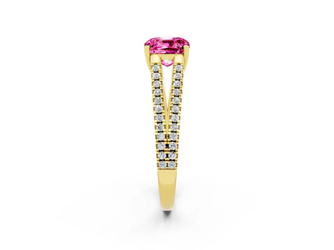 Yellow gold Cushion Cut Pink Sapphire Solitaire Engagement Ring with Split Shank Pavé Band_14