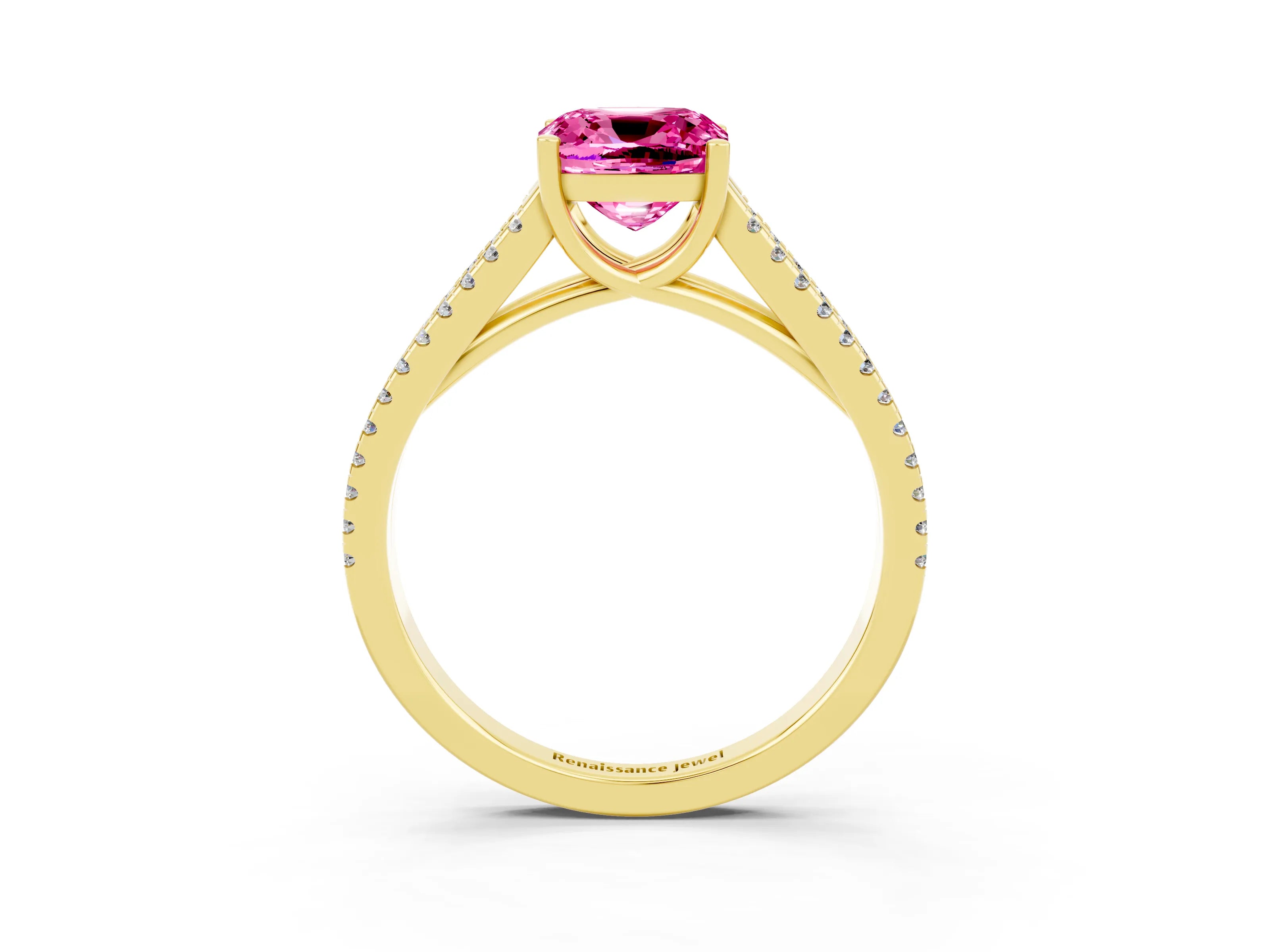 Yellow gold Cushion Cut Pink Sapphire Solitaire Engagement Ring with Split Shank Pavé Band_15