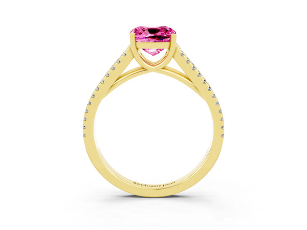 Yellow gold Cushion Cut Pink Sapphire Solitaire Engagement Ring with Split Shank Pavé Band