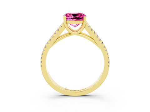 Yellow gold Cushion Cut Pink Sapphire Solitaire Engagement Ring with Split Shank Pavé Band_15