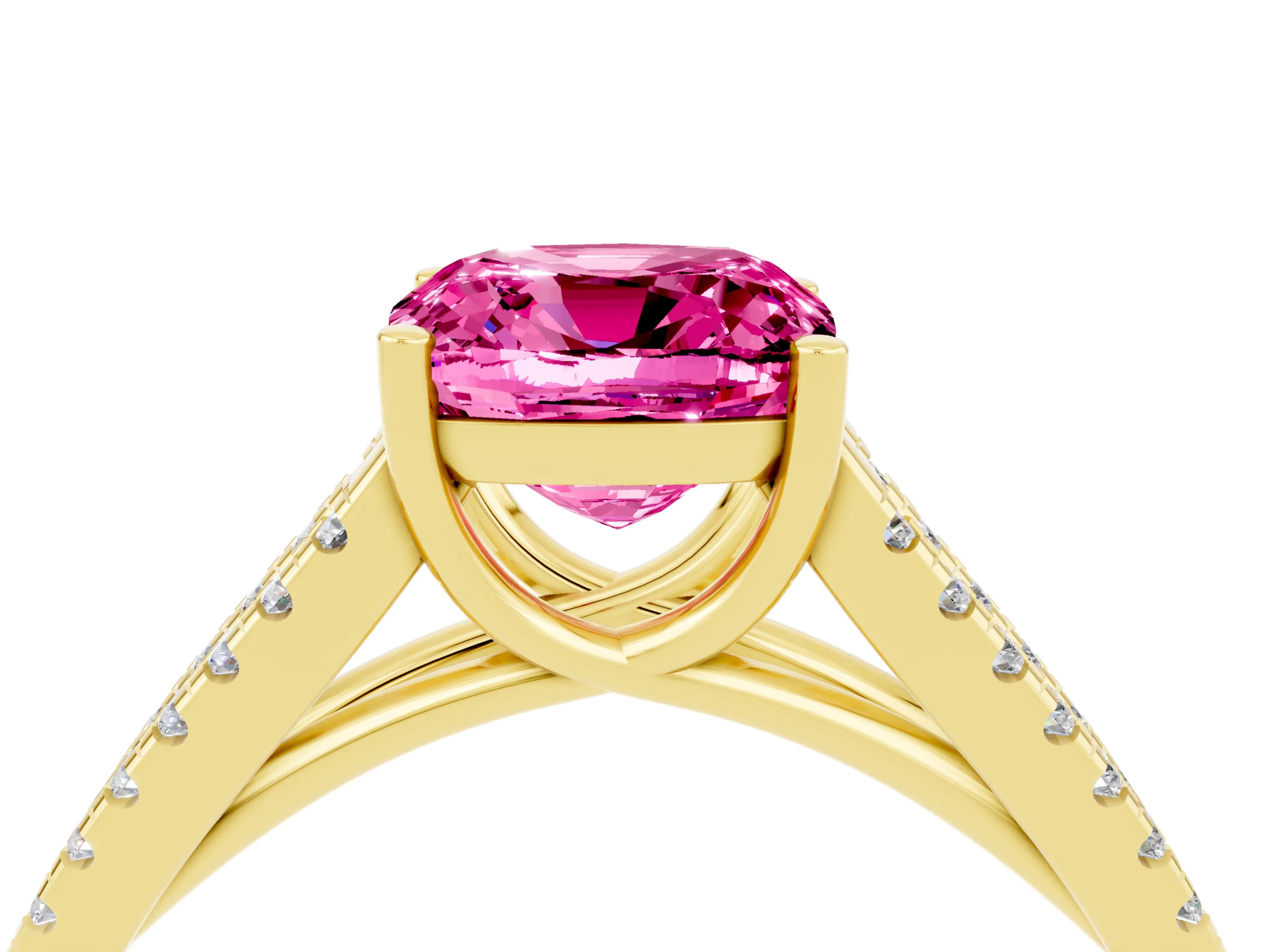 Yellow gold Cushion Cut Pink Sapphire Solitaire Engagement Ring with Split Shank Pavé Band_16