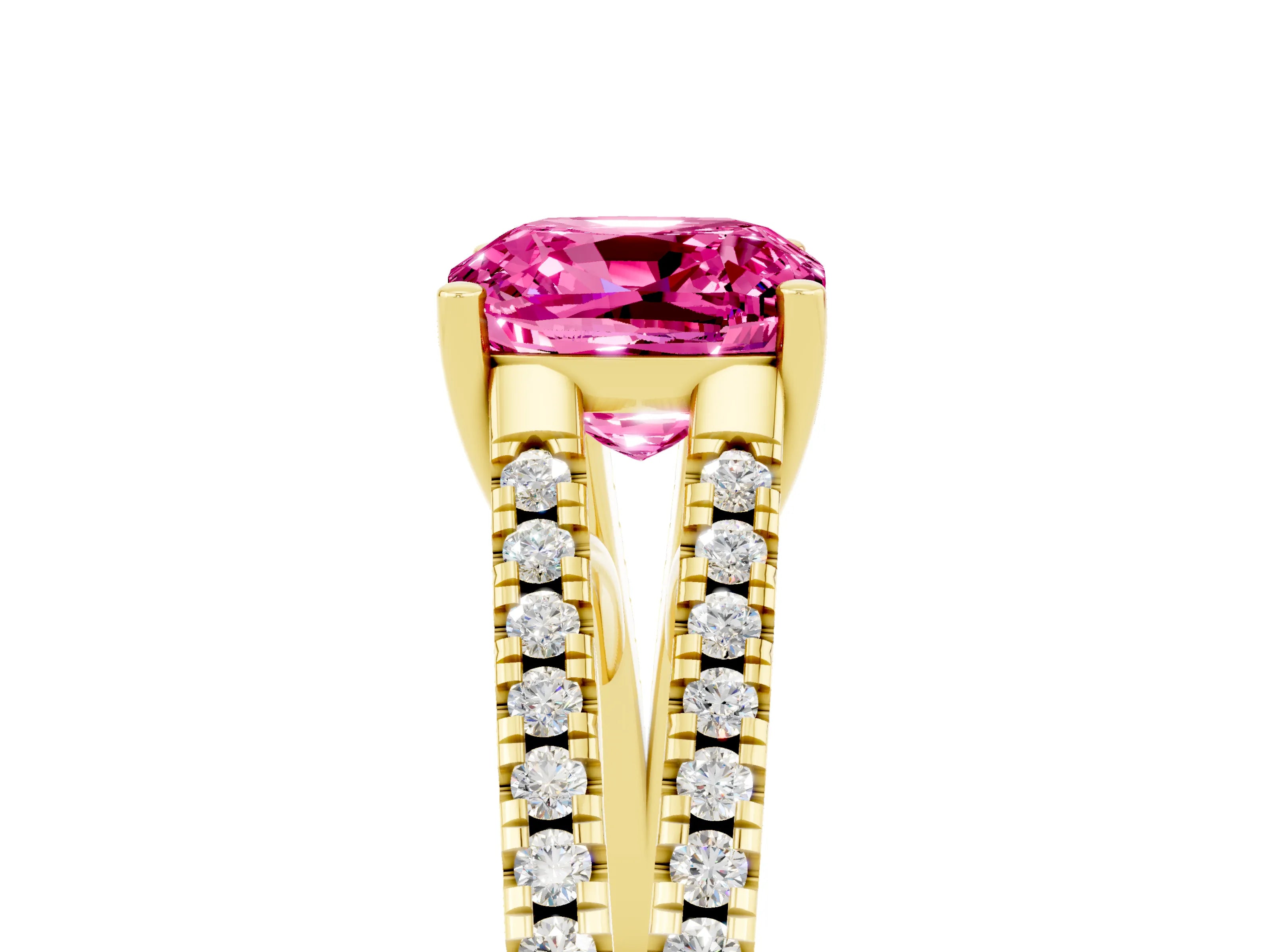 Yellow gold Cushion Cut Pink Sapphire Solitaire Engagement Ring with Split Shank Pavé Band_17