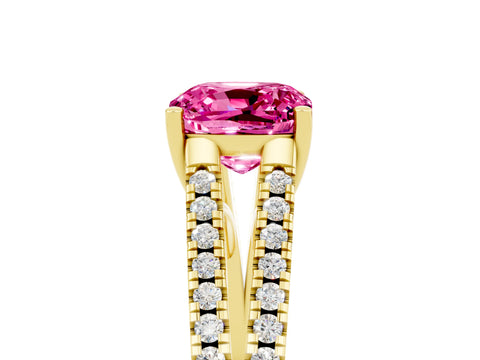 Yellow gold Cushion Cut Pink Sapphire Solitaire Engagement Ring with Split Shank Pavé Band_17