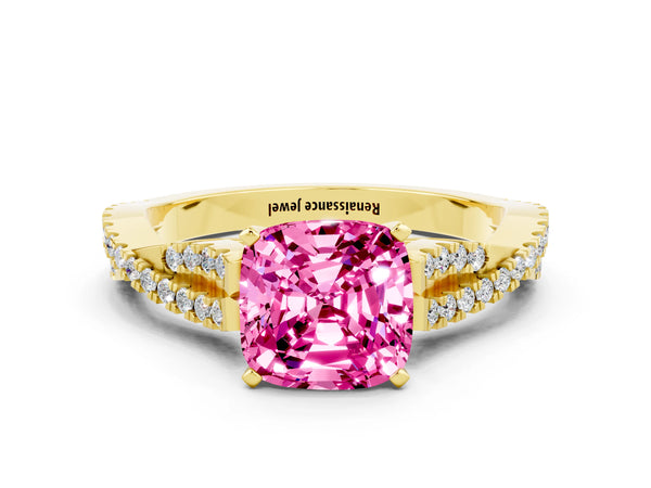 Yellow gold Cushion Cut Pink Sapphire Solitaire Engagement Ring with Twisted Pavé Band and Four-Prong Setting