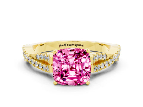 Yellow gold Cushion Cut Pink Sapphire Solitaire Engagement Ring with Twisted Pavé Band and Four-Prong Setting_24