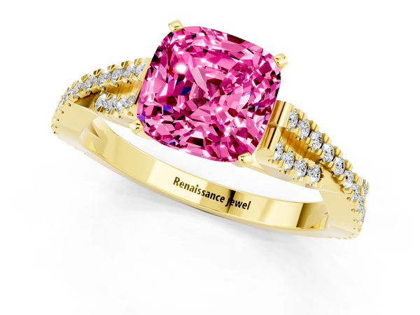 Yellow gold Cushion Cut Pink Sapphire Solitaire Engagement Ring with Twisted Pavé Band and Four-Prong Setting