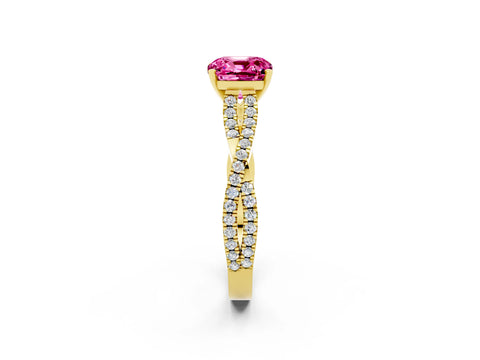 Yellow gold Cushion Cut Pink Sapphire Solitaire Engagement Ring with Twisted Pavé Band and Four-Prong Setting_26