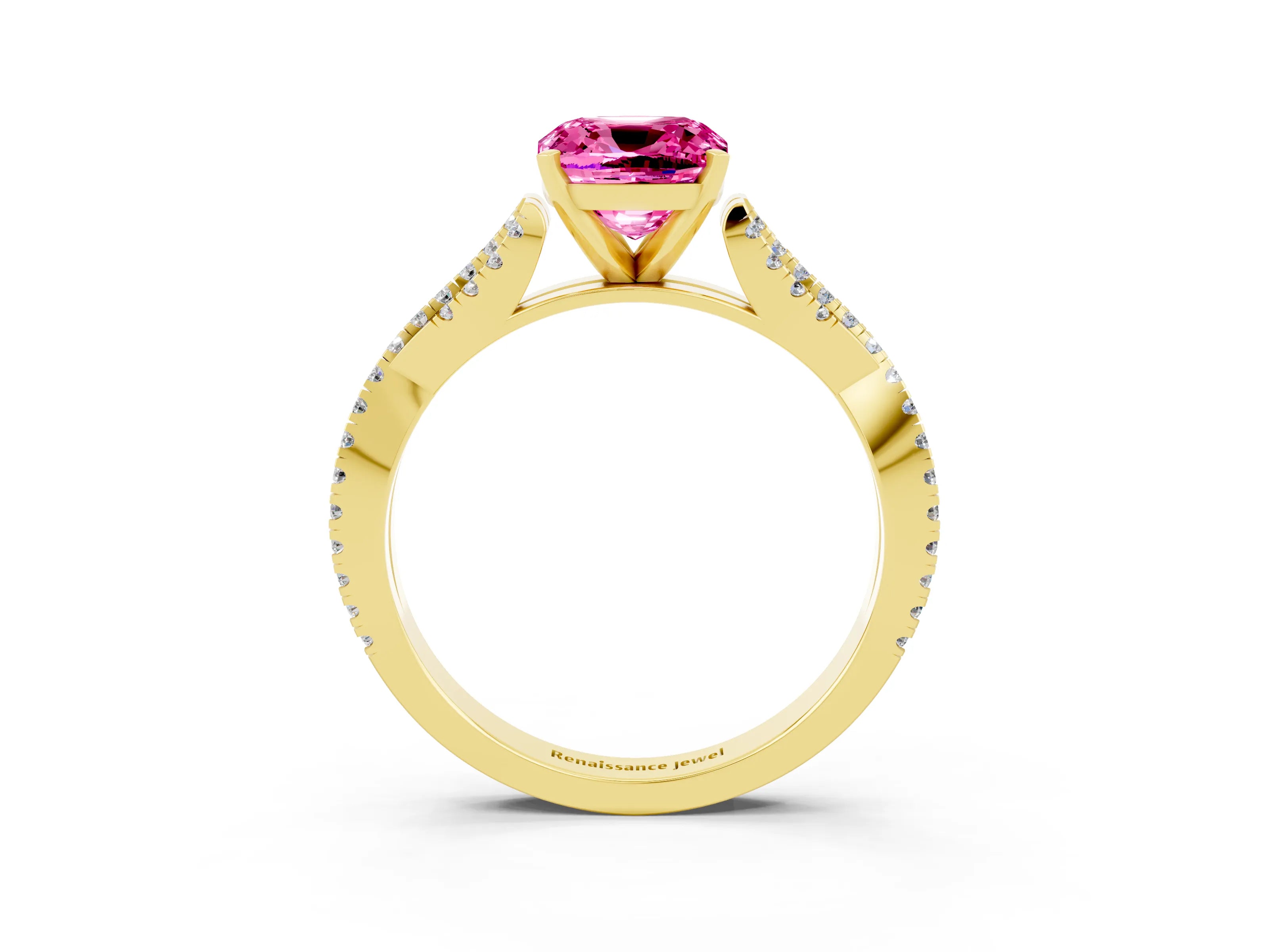 Yellow gold Cushion Cut Pink Sapphire Solitaire Engagement Ring with Twisted Pavé Band and Four-Prong Setting_27