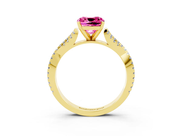Yellow gold Cushion Cut Pink Sapphire Solitaire Engagement Ring with Twisted Pavé Band and Four-Prong Setting