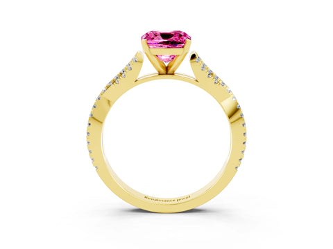 Yellow gold Cushion Cut Pink Sapphire Solitaire Engagement Ring with Twisted Pavé Band and Four-Prong Setting_27