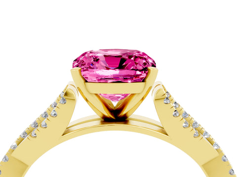 Yellow gold Cushion Cut Pink Sapphire Solitaire Engagement Ring with Twisted Pavé Band and Four-Prong Setting_28