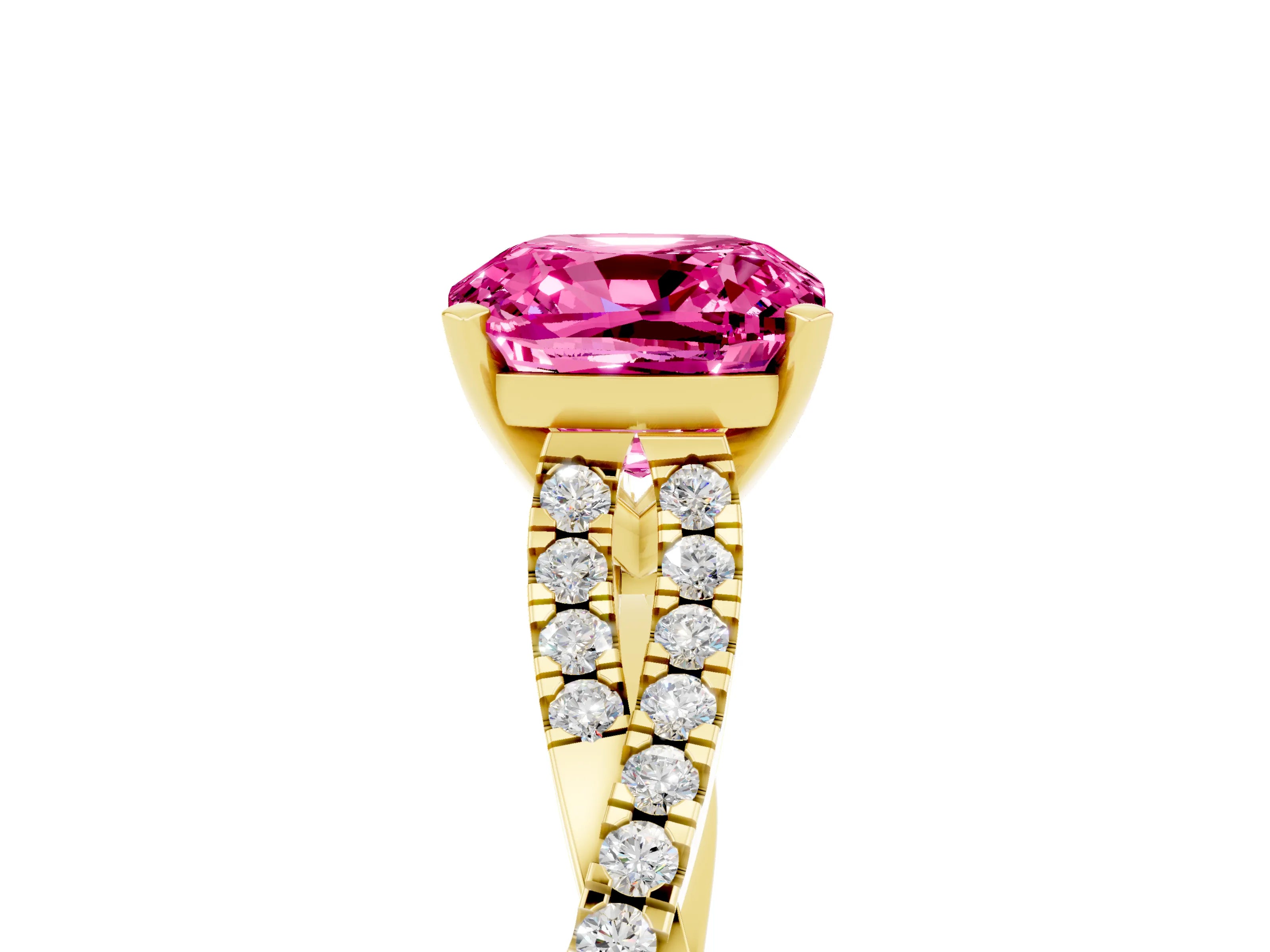 Yellow gold Cushion Cut Pink Sapphire Solitaire Engagement Ring with Twisted Pavé Band and Four-Prong Setting_29