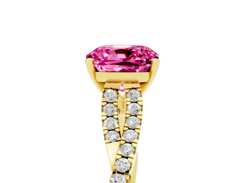 Yellow gold Cushion Cut Pink Sapphire Solitaire Engagement Ring with Twisted Pavé Band and Four-Prong Setting_29