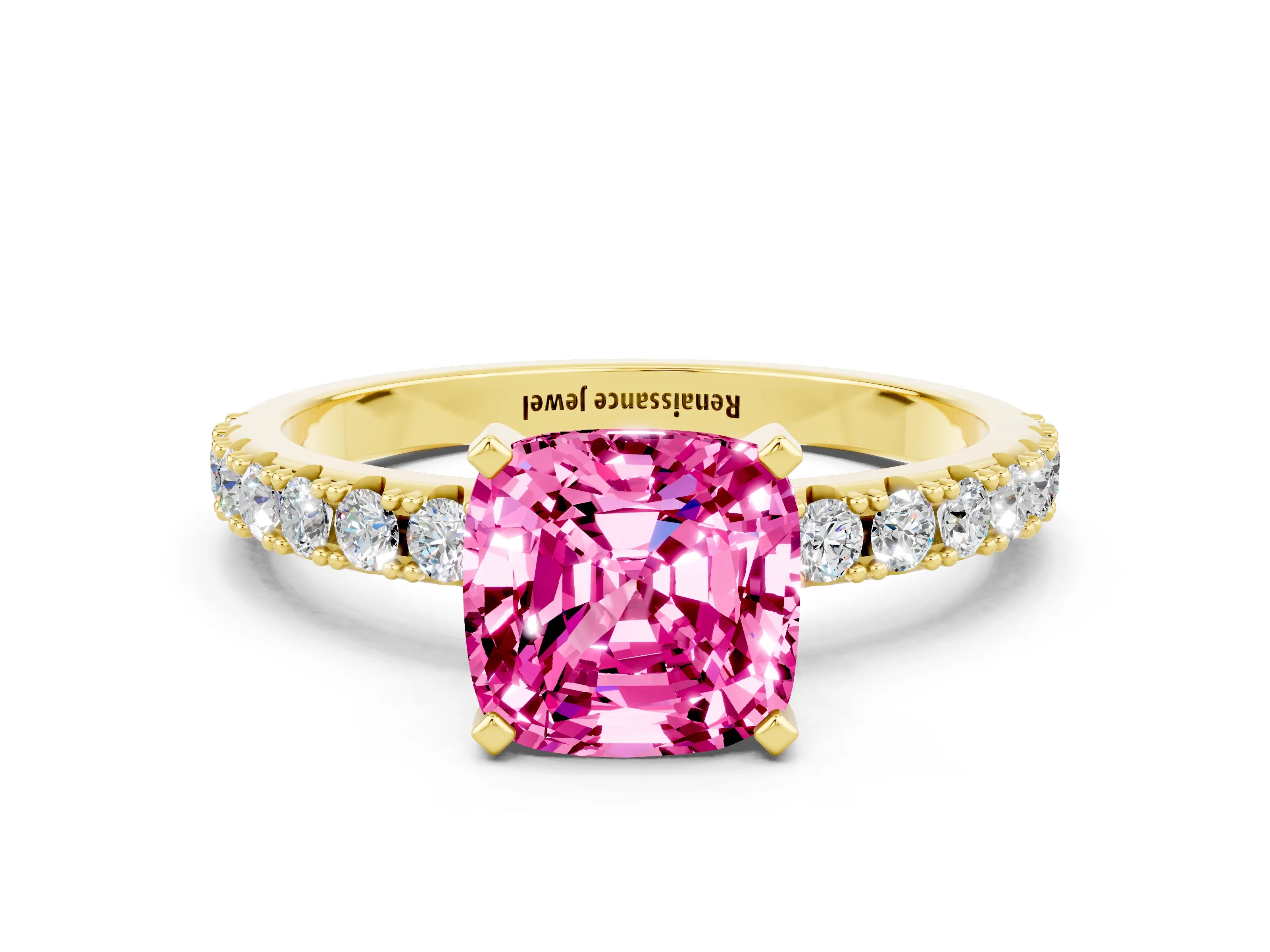 Yellow gold Cushion Cut Pink Sapphire Solitaire Pavé Band with Four-Prong Setting_24