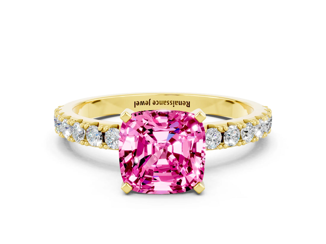 Yellow gold Cushion Cut Pink Sapphire Solitaire Pavé Band with Four-Prong Setting_24