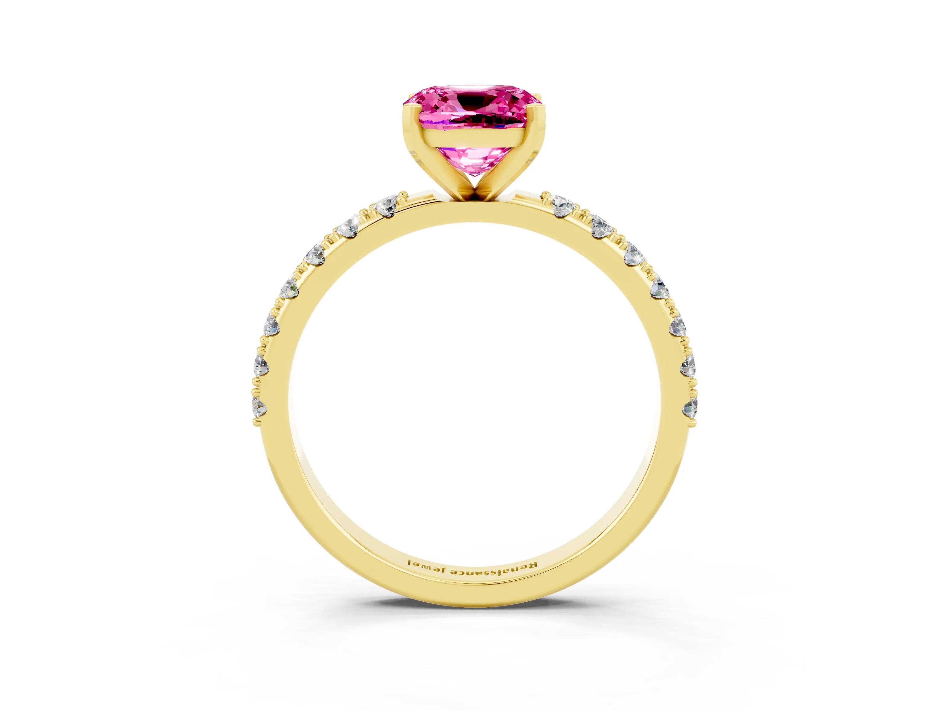 Yellow gold Cushion Cut Pink Sapphire Solitaire Pavé Band with Four-Prong Setting_27