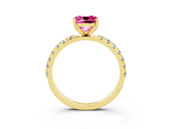Yellow gold Cushion Cut Pink Sapphire Solitaire Pavé Band with Four-Prong Setting