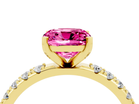 Yellow gold Cushion Cut Pink Sapphire Solitaire Pavé Band with Four-Prong Setting_28
