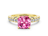 Yellow gold Cushion Cut Pink Sapphire Solitaire Pavé Engagement Ring with Round Band and Prong Setting_12