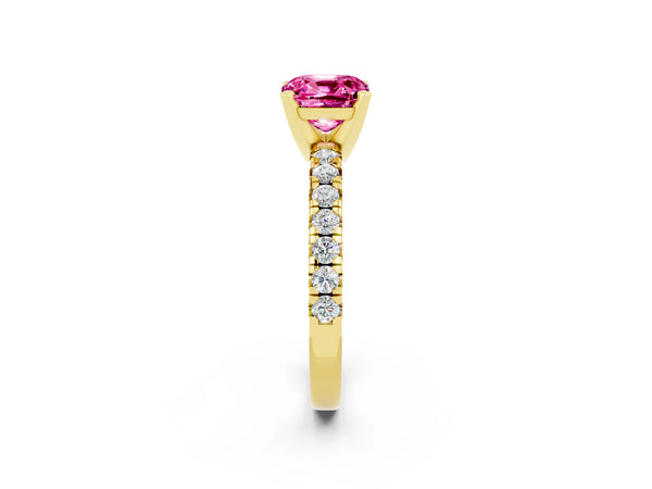 Yellow gold Cushion Cut Pink Sapphire Solitaire Pavé Engagement Ring with Round Band and Prong Setting