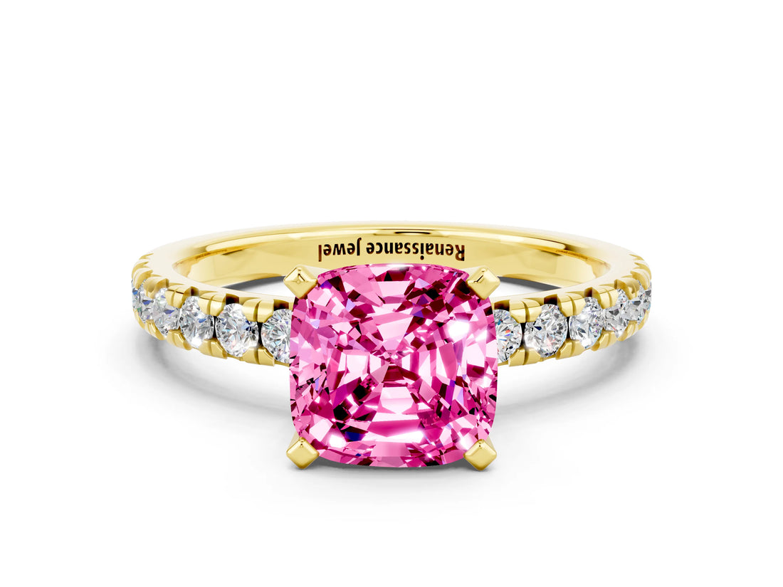Yellow gold Cushion Cut Pink Sapphire Solitaire Pavé Engagement Ring with Round Band and Prong Setting_78