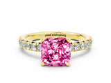 Yellow gold Cushion Cut Pink Sapphire Solitaire Pavé Engagement Ring with Round Band and Prong Setting_78