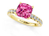 Yellow gold Cushion Cut Pink Sapphire Solitaire Pavé Engagement Ring with Round Band and Prong Setting_79