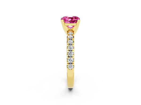Yellow gold Cushion Cut Pink Sapphire Solitaire Pavé Engagement Ring with Round Band and Prong Setting