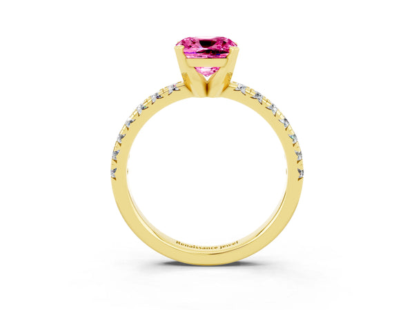 Yellow gold Cushion Cut Pink Sapphire Solitaire Pavé Engagement Ring with Round Band and Prong Setting