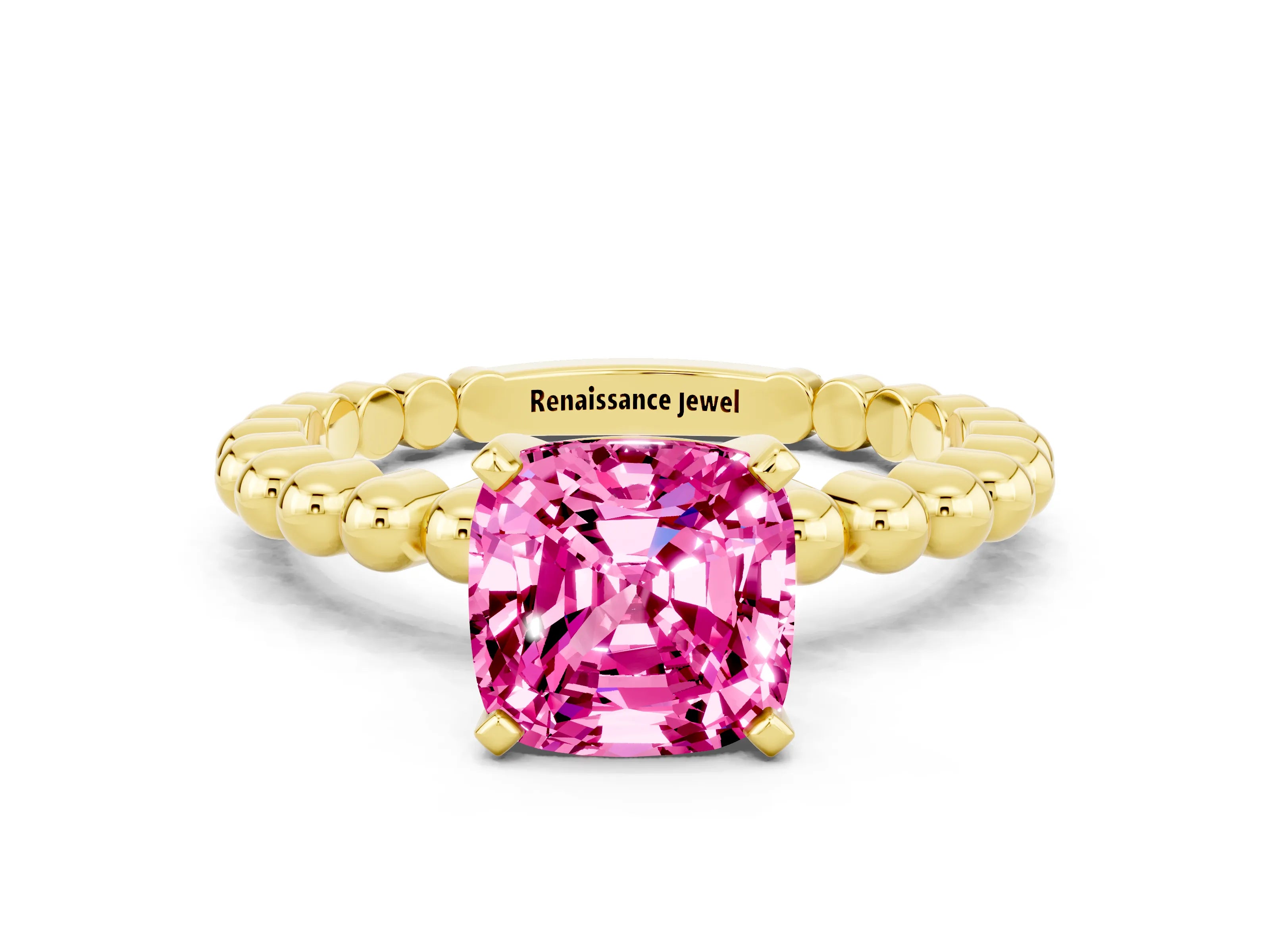 Yellow gold Cushion Cut Pink Sapphire Solitaire Ring with Beaded Band and Prong Setting