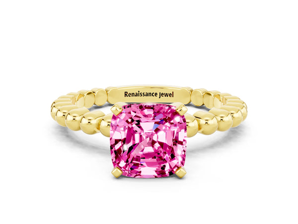 Yellow gold Cushion Cut Pink Sapphire Solitaire Ring with Beaded Band and Prong Setting