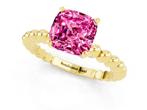 Yellow gold Cushion Cut Pink Sapphire Solitaire Ring with Beaded Band and Prong Setting_1