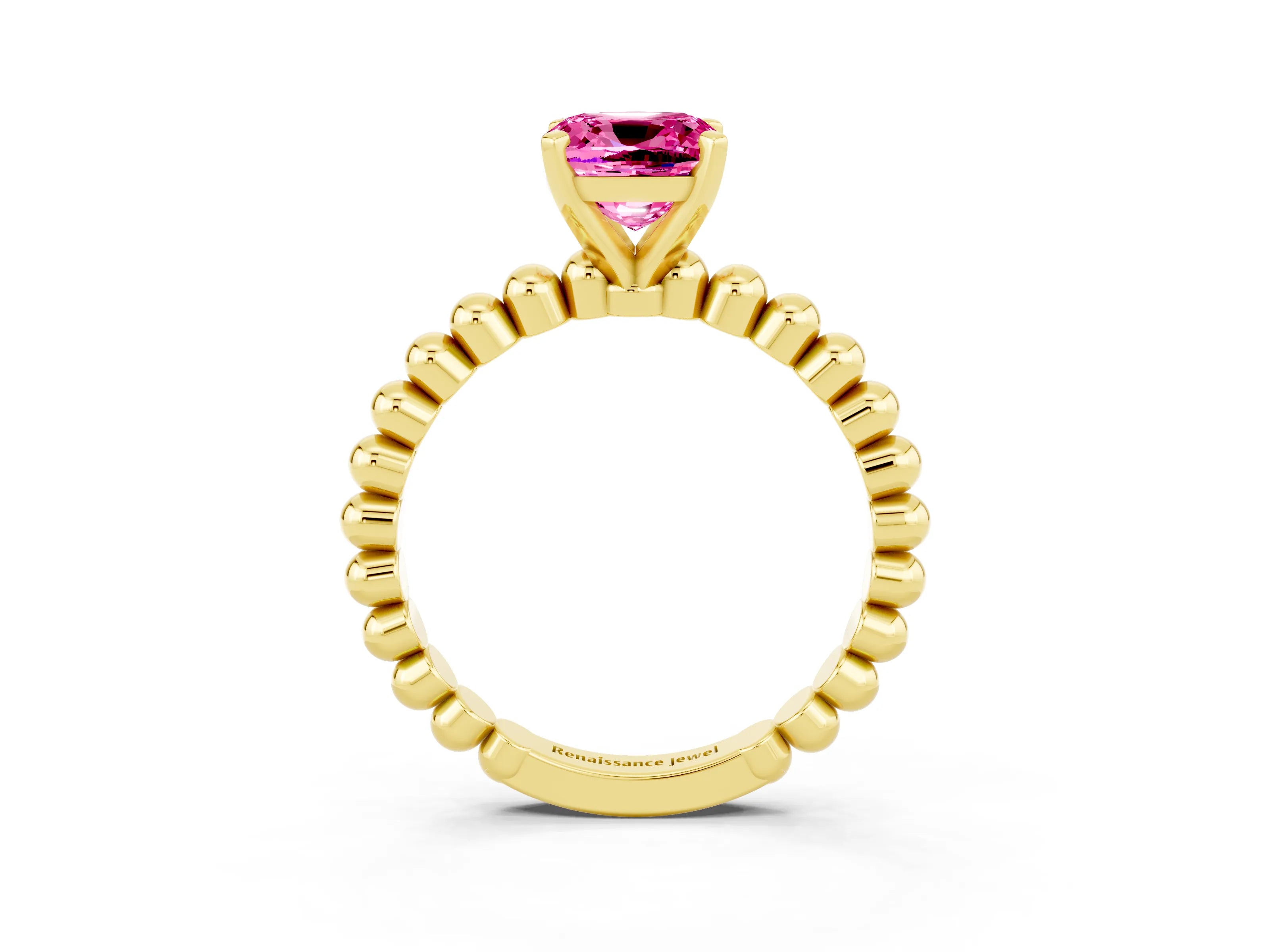 Yellow gold Cushion Cut Pink Sapphire Solitaire Ring with Beaded Band and Prong Setting_3