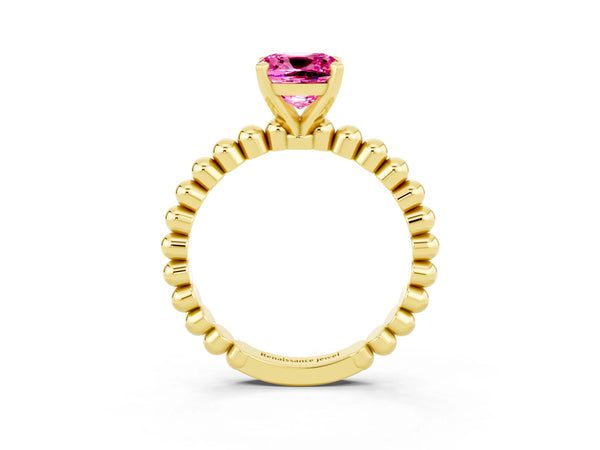 Yellow gold Cushion Cut Pink Sapphire Solitaire Ring with Beaded Band and Prong Setting