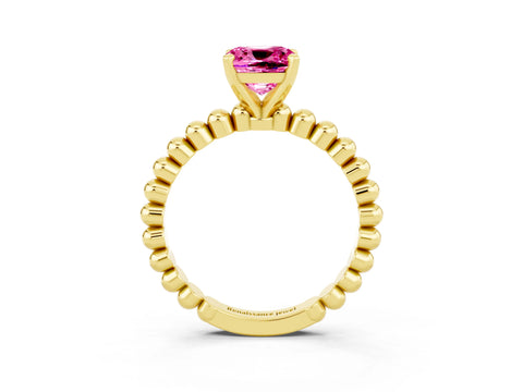 Yellow gold Cushion Cut Pink Sapphire Solitaire Ring with Beaded Band and Prong Setting_3