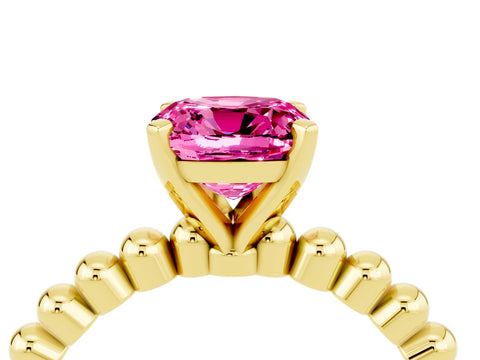 Yellow gold Cushion Cut Pink Sapphire Solitaire Ring with Beaded Band and Prong Setting_4